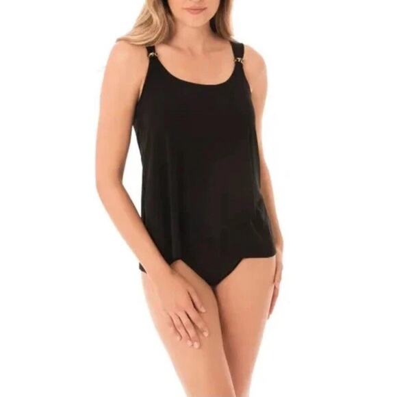 NWT Miraclesuit 10 DD Black Razzle Dazzle Tankini Top Swimsuit Underwire Sliming